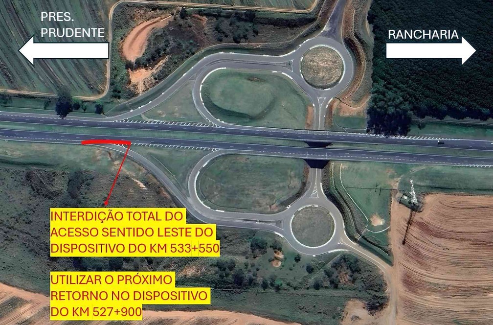 Obras interditam alça de entrada da Rodovia Raposo Tavares, em Martinópolis (SP) — Foto: Cart