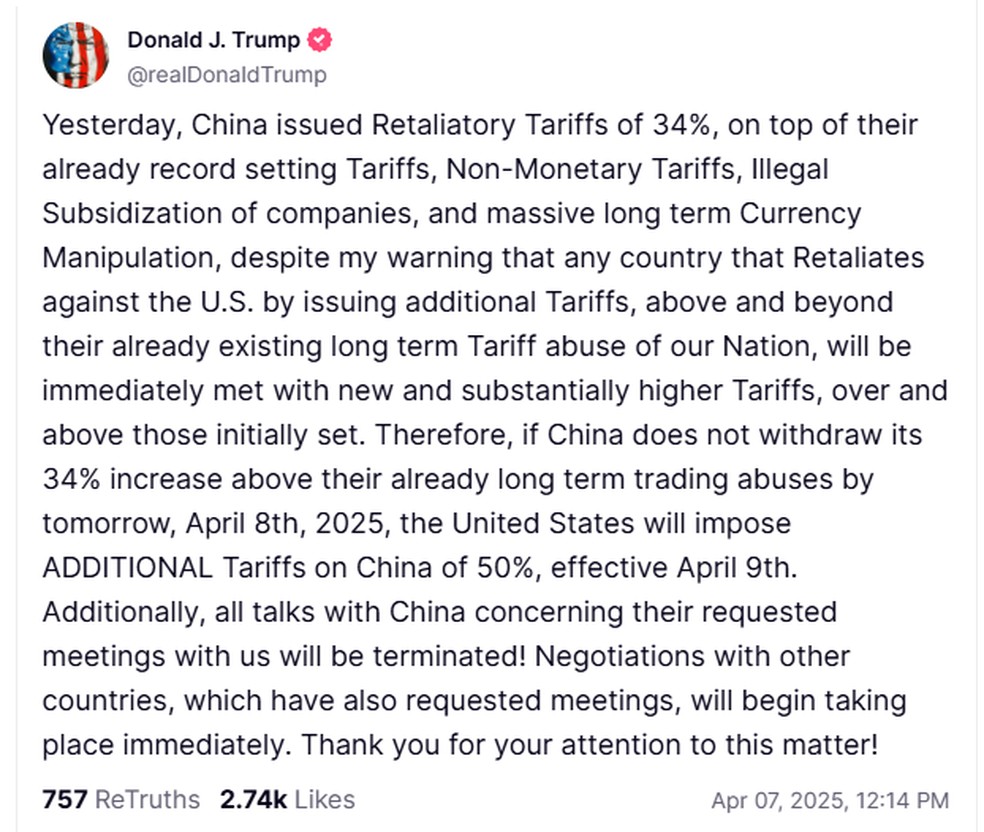 Trump ameaça taxar China em mais 50% — Foto: Truth Social/Reprodução