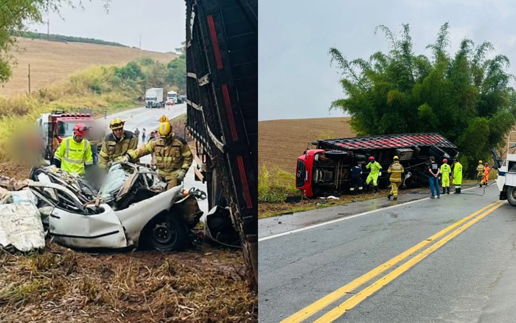 Homem morre após caminhão tombar em cima de caminhonete na MGC-491, no Sul de Minas