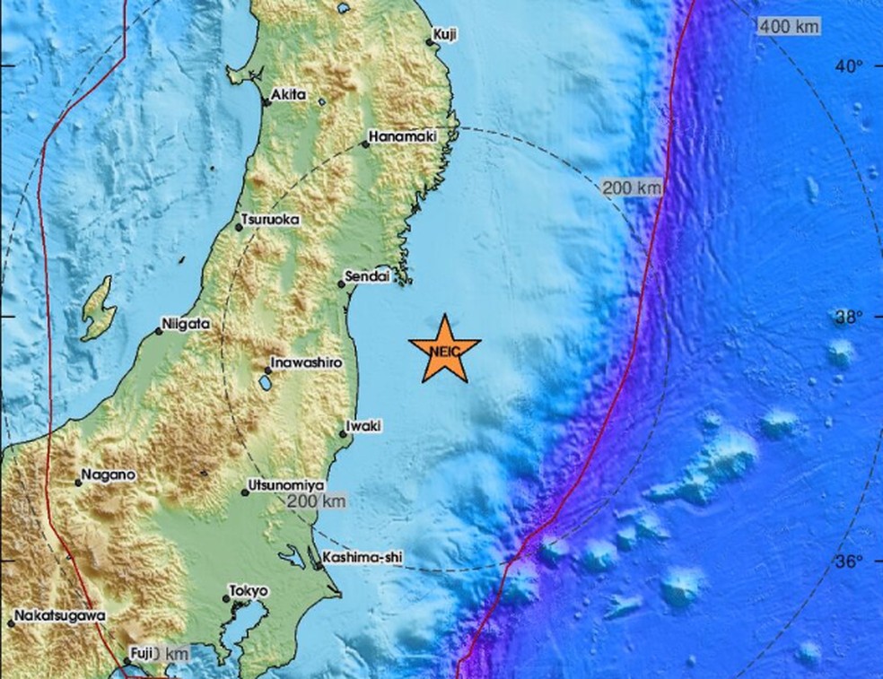Mapa mostra ponto onde terremoto foi registrado no Japão, em 4 de abril de 2024 — Foto: EMSC/Reprodução