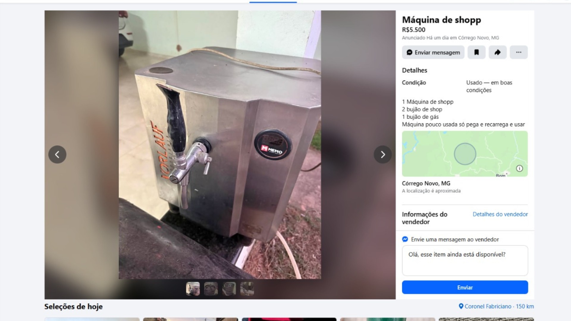 Chopeira furtada em festa em 2024 é encontrada à venda em plataforma online, em MG