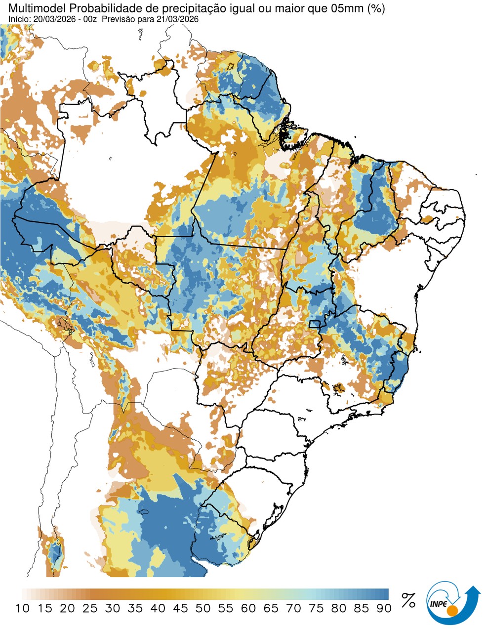 Previsão de chuva neste sábado em todo o país. — Foto: CPTEC/Inpe