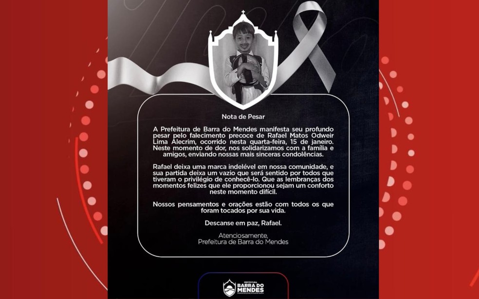 Prefeitura lamentou morte de menino nas redes sociais — Foto: Reprodução/Redes Sociais