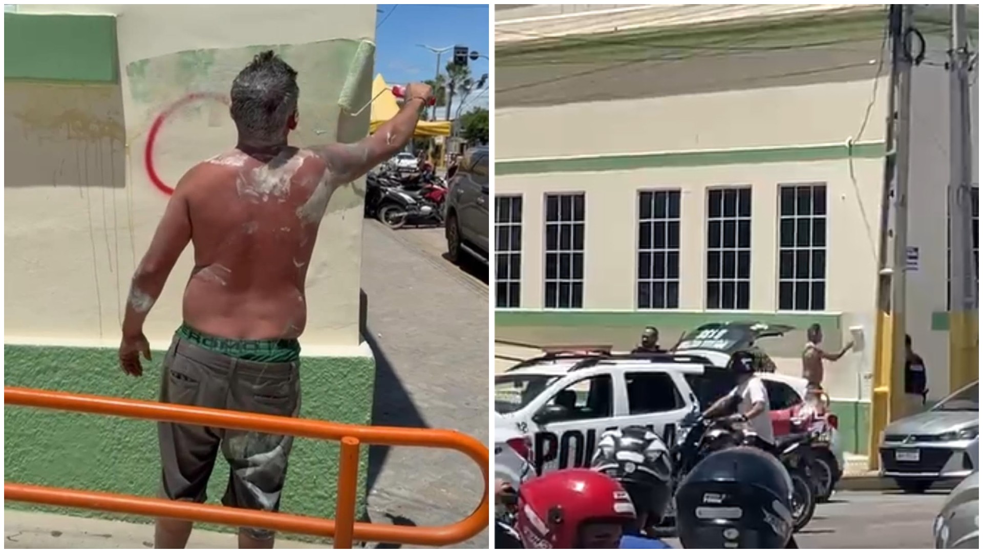 Homem preso por pichar prédios com símbolos de facção repinta muro diante da polícia