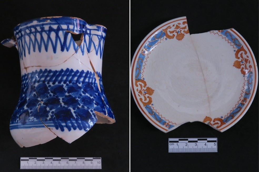 Peças de cerâmicas encontradas em sítio arqueológico, no bairro Paquetá, em Santos (SP) — Foto: A Lasca/Divulgação