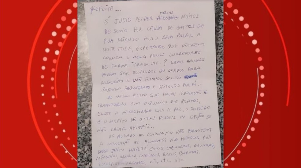 Carta de envenenamento de gatos Maceió Alagoas — Foto: Reprodução/ TV Gazeta