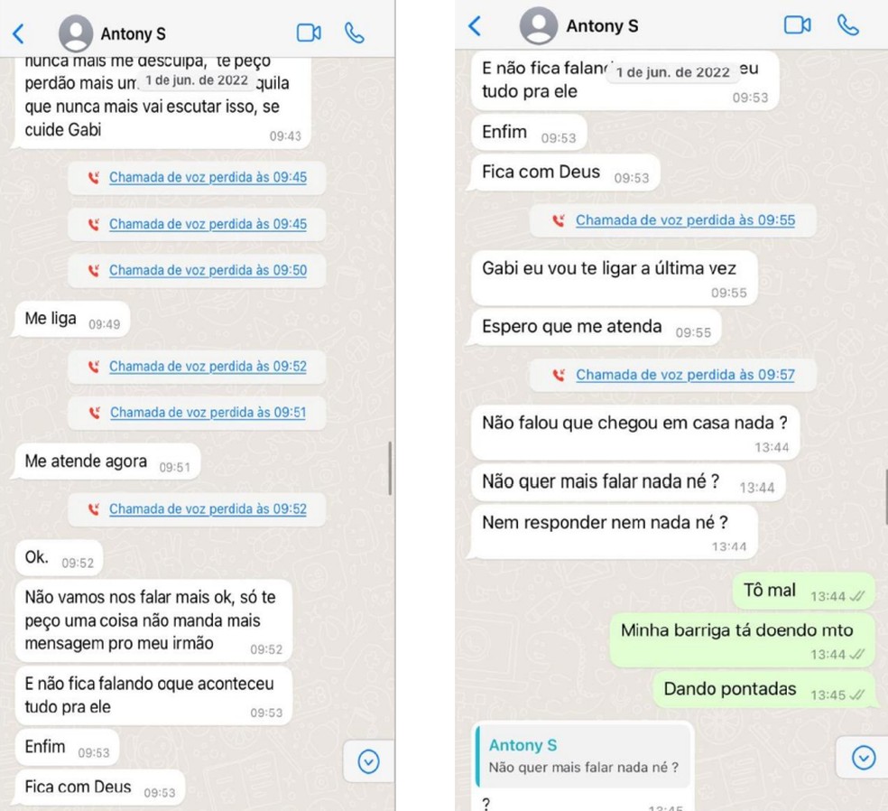 DJ diz a Antony, a quem acusa de agredi-la, que sua barriga está doendo — Foto: Arquivo pessoal