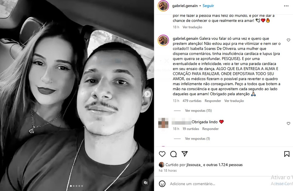 Namorado da bailarina fez carta aberta — Foto: Reprodução/Redes Sociais