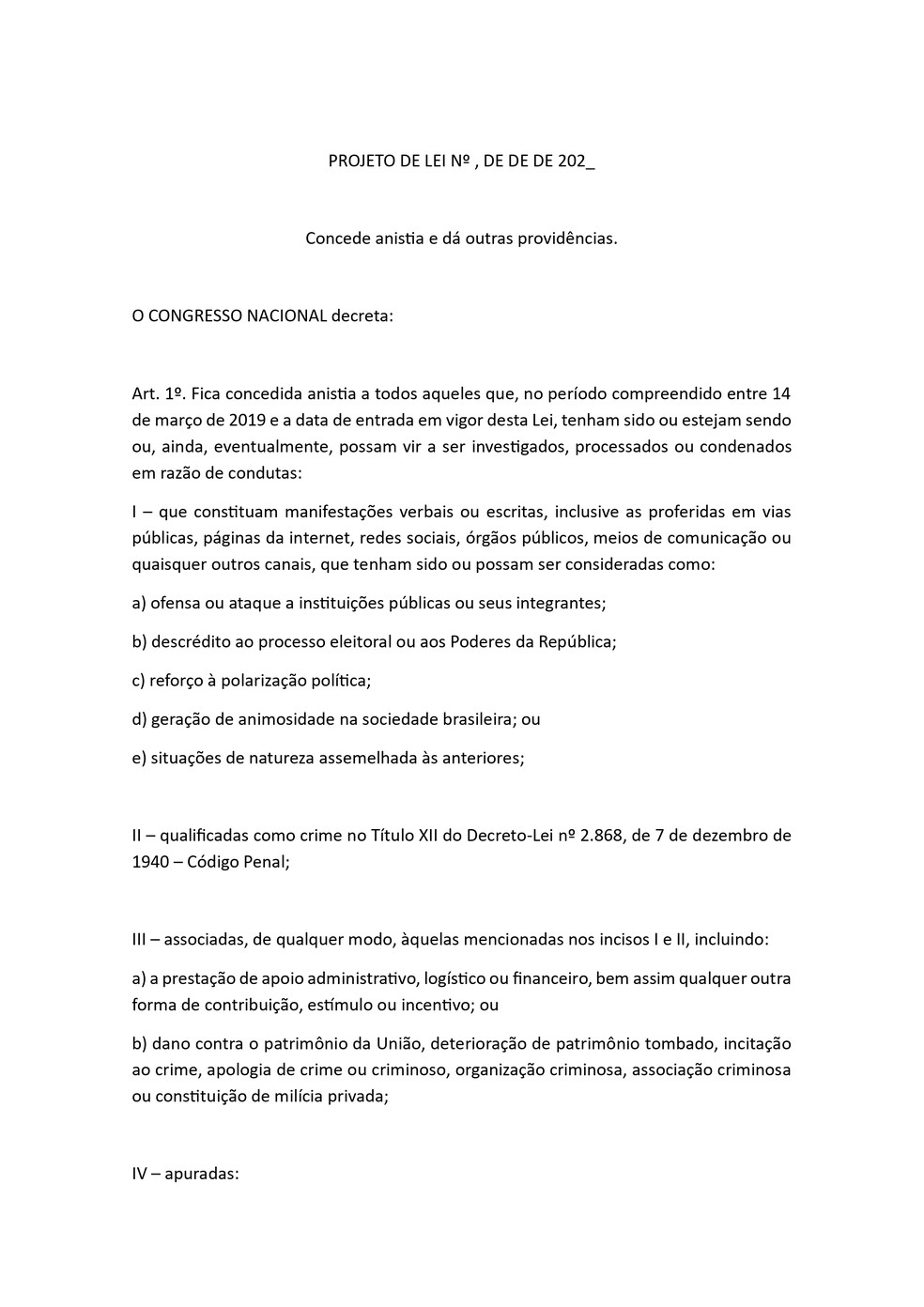 Primeira página de um dos projetos de anistia na Câmara dos Deputados - Reprodução