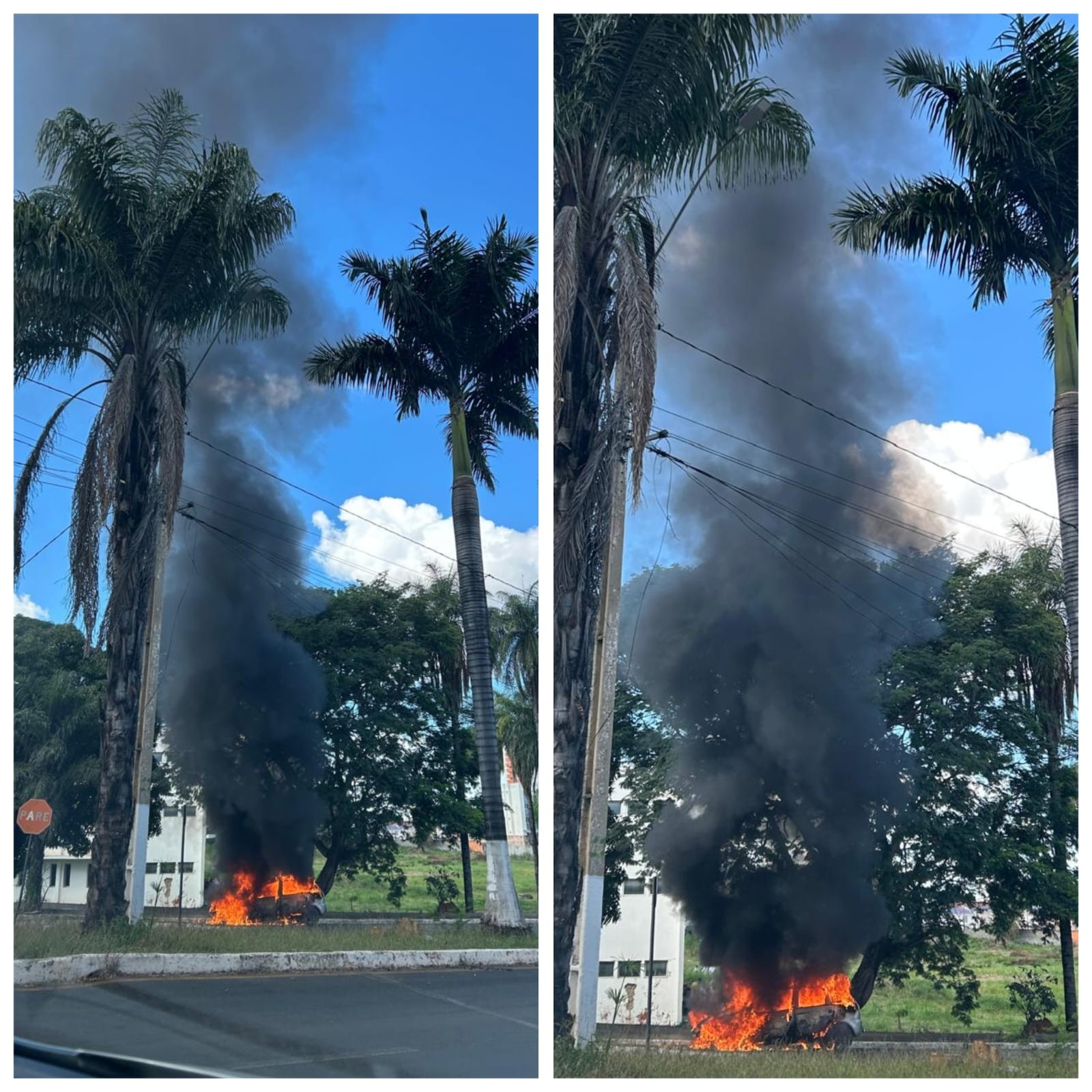 Após falha mecânica, carro pega fogo na entrada da Unimontes e fica destruído