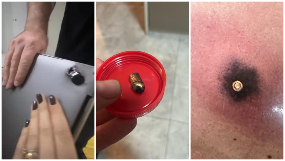 Ladrão atira nas costas de motociclista durante assalto e notebook na mochila impede ferimento grave na vítima — Foto: Divulgação/PM