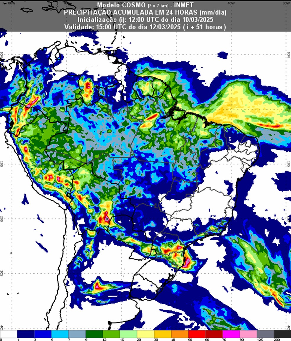 Chuva prevista para o Brasil nesta semana. Norte e parte do Nordeste devem ter acumulados significativos de chuva. — Foto: Inmet