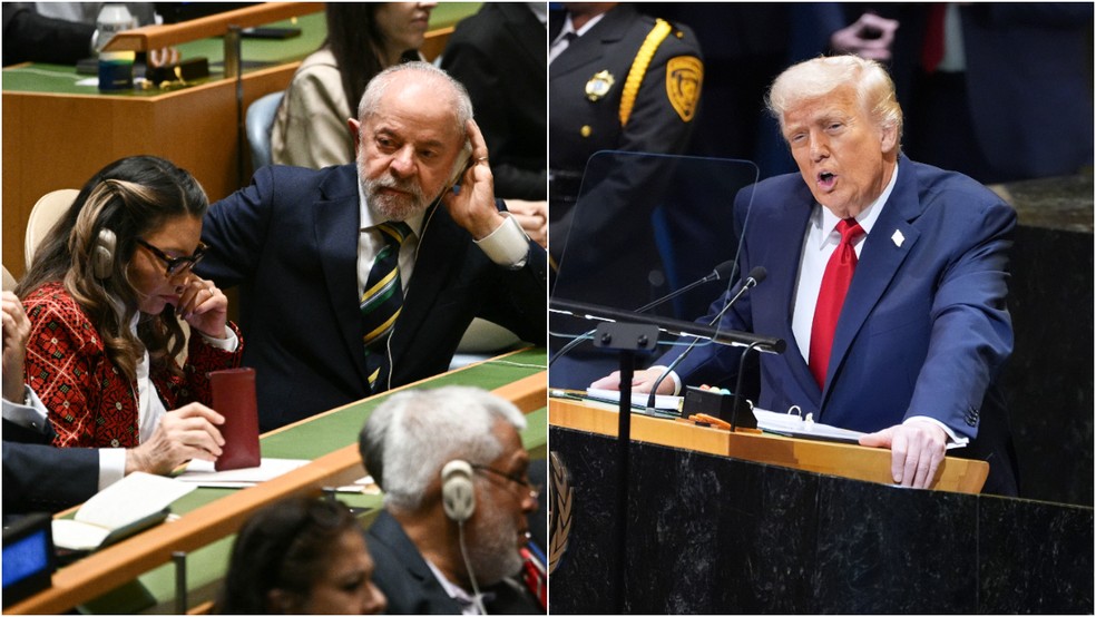 Lula durante discurso de Trump na ONU — Foto: Brendan SMIALOWSKI/AFP e Evan Vucci/AP