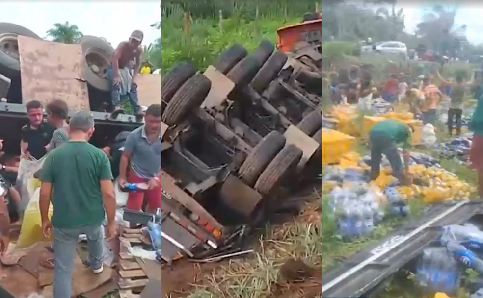 Caminhão carregado de bebida é saqueado após tombar na BR-316, no MA — Foto: Reprodução