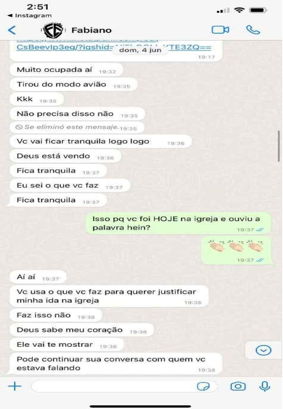 Conversas enviadas pela ex-mulher de Luis Fabiano à Polícia Civil — Foto: Arquivo pessoal
