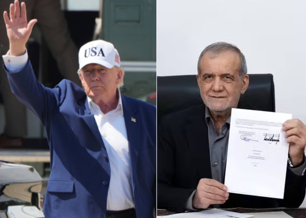 O presidente Donald Trump acena ao chegar a bordo do Marine One à Base Conjunta Andrews, em Maryland, no domingo, 21 de junho de 2026, após uma viagem a Camp David e Presidente do Irã, Masoud Pezeshkian, mostra assinatura em memorando de entendimento com os EUA, em 18 de junho de 2026 — Foto: Photo/Mark Schiefelbein e Gabinete Presidencial do irã via AP