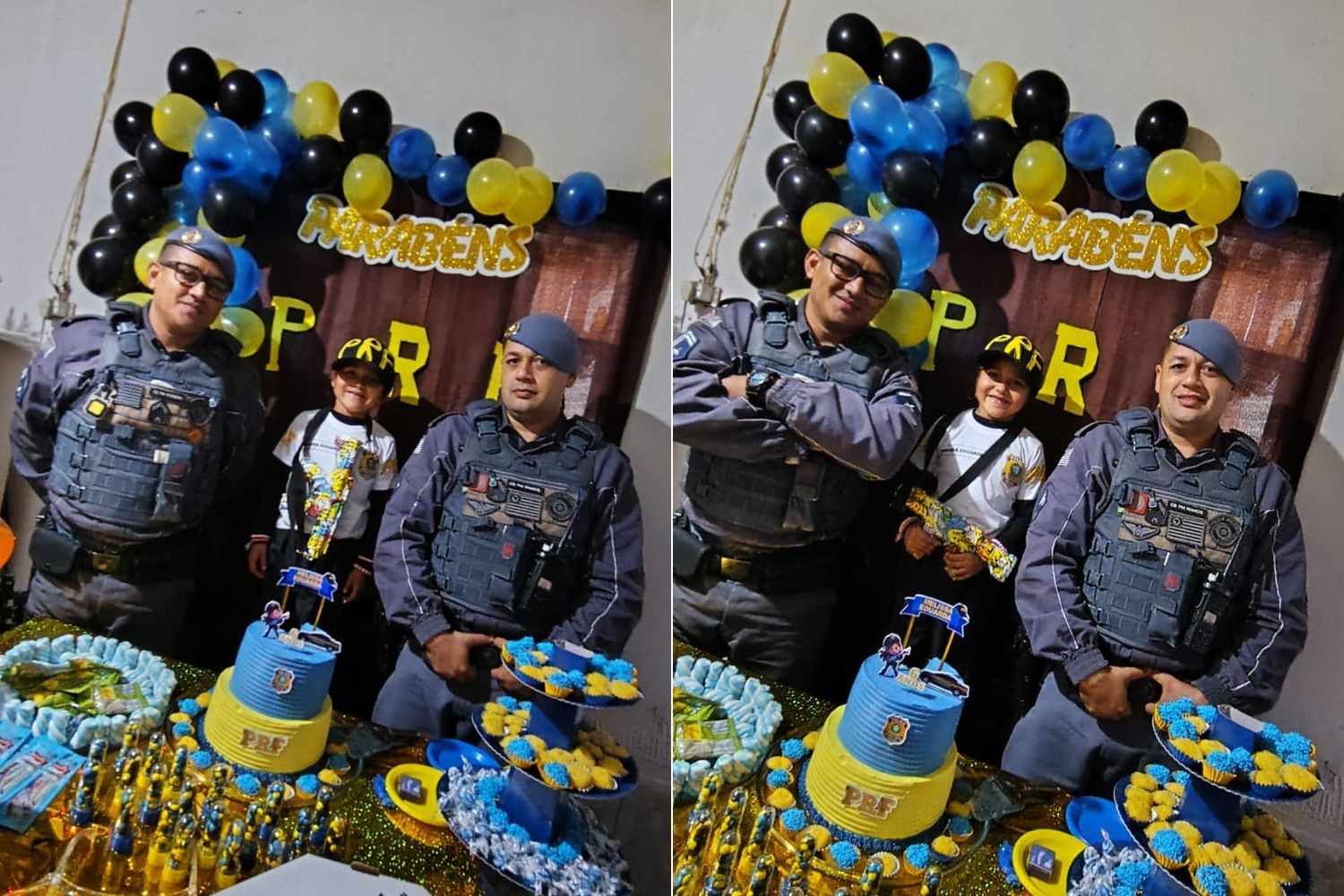 Menina sonha em ser policial e surpreende PM ao entregar primeiro pedaço de bolo em festa de 6 anos