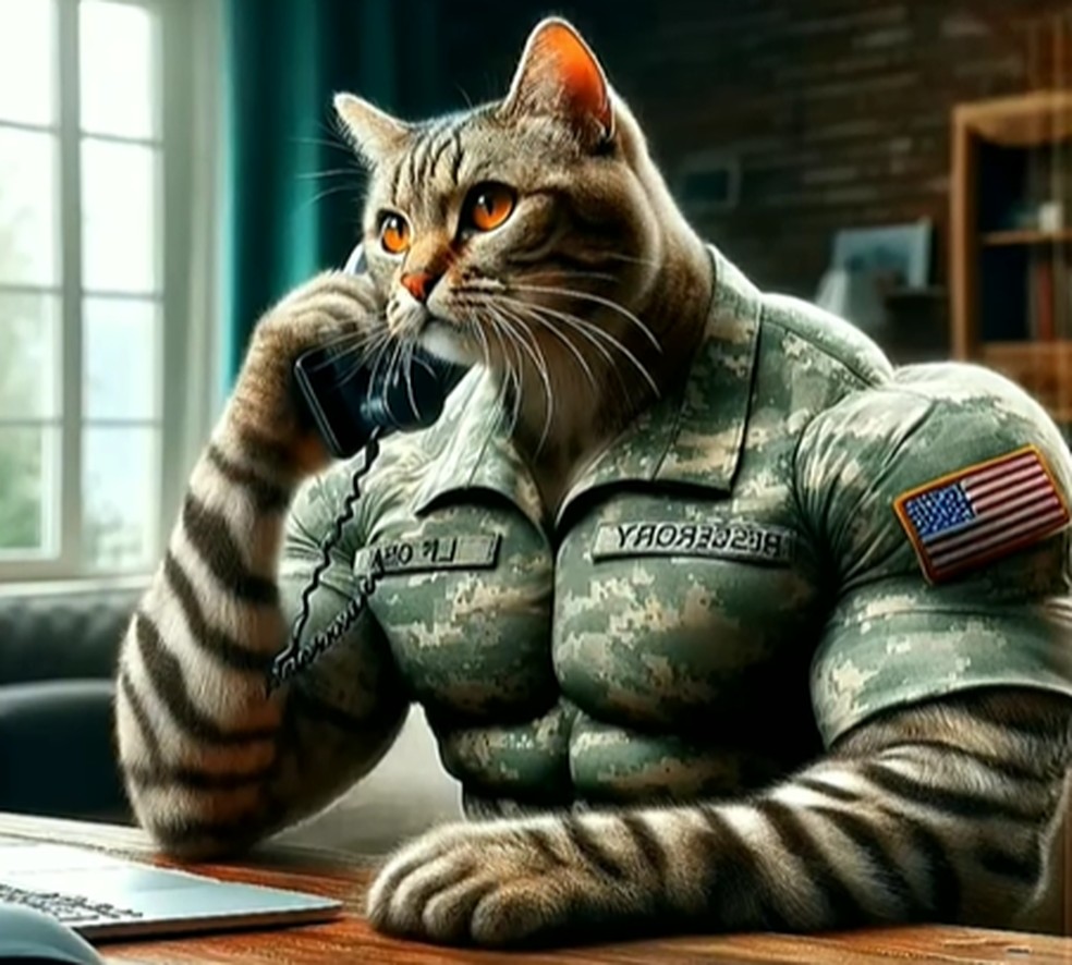 Gatinho militar faz uma liga&ccedil;&atilde;o importante. &mdash; Foto: Reprodu&ccedil;&atilde;o/Instagram