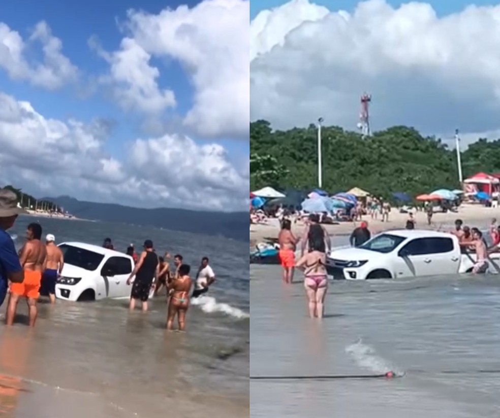 Caminhonete atolou em praia de Florianpolis ao tirar motoaqutica do reboque em Florianpolis  Foto: Redes sociais/ Reproduo