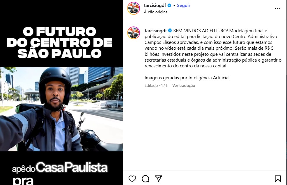 Tarcísio de Freitas publica vídeo usando inteligência artificial para mostrar futuro do Centro de SP