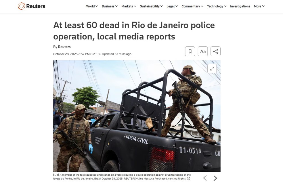 Reuters publicou reportagem sobre operação no Rio de Janeiro — Foto: Reprodução