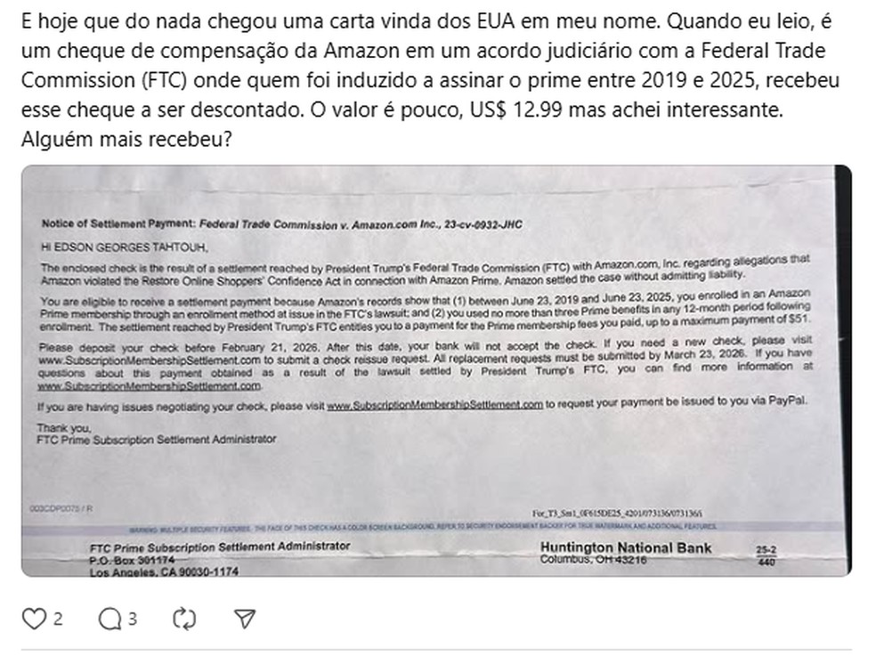 Brasileira postou no Threads que recebeu US$ 12.99 da Amazon. — Foto: Reprodução/Threads