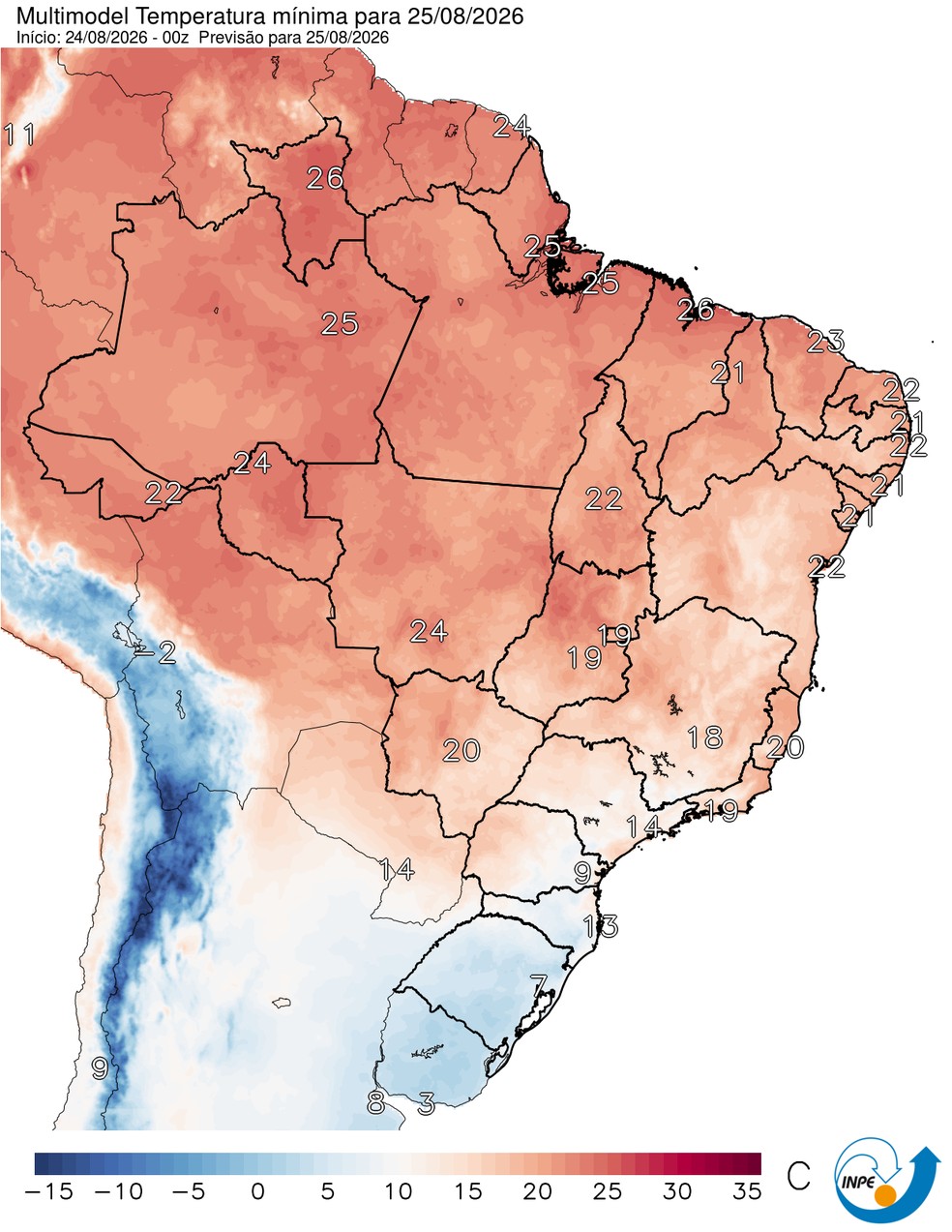 Temperaturas mínimas previstas para esta terça em todo o Brasil. — Foto: CPTEC/Inpe