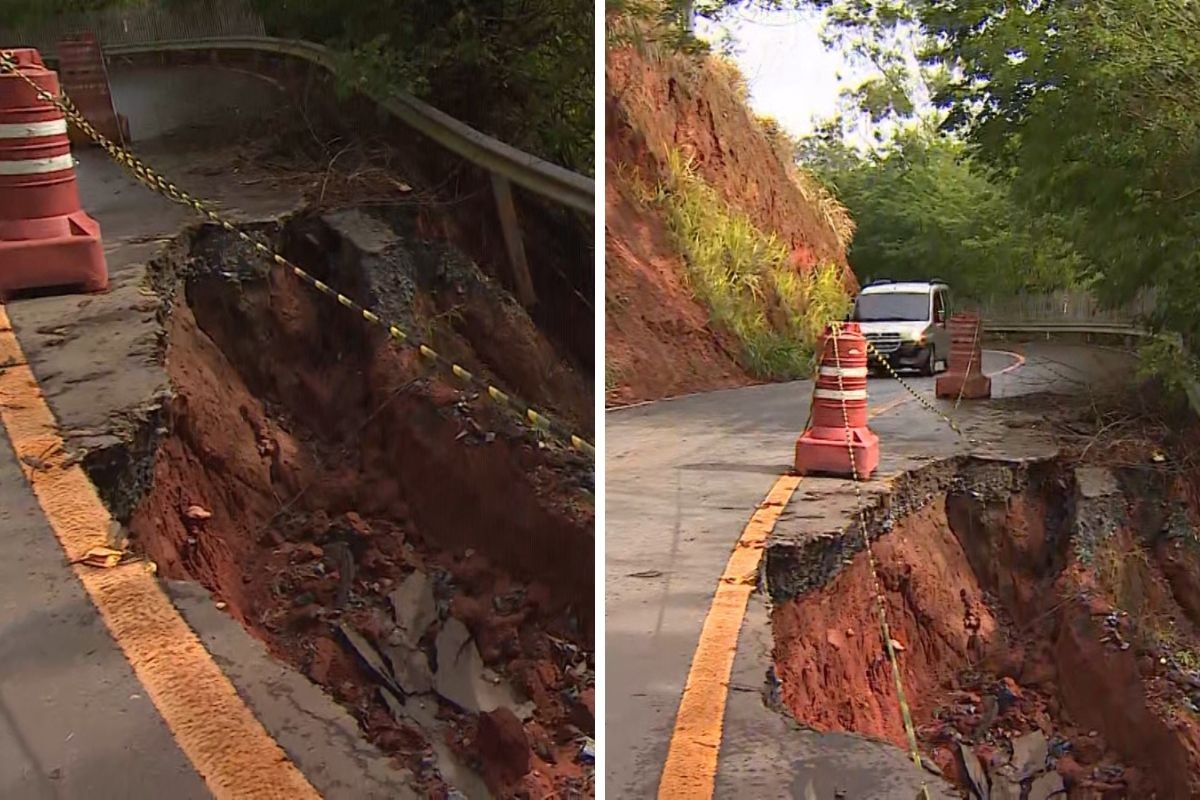 Trecho de estrada entre Lagoinha e Pindamonhangaba fica em meia pista após desmoronamento