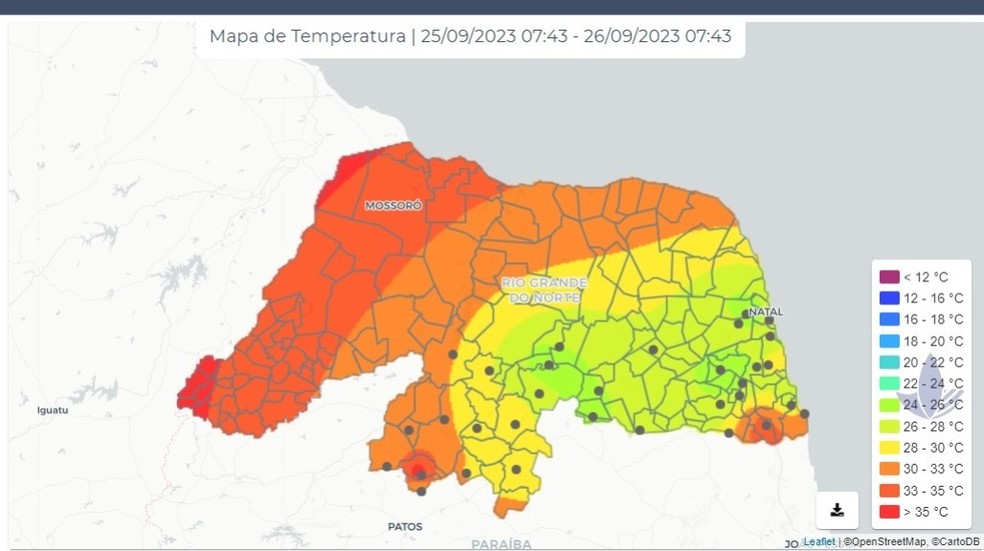 Mapa mostra áreas mais quentes do Rio Grande do Norte — Foto: Emparn/Divulgação
