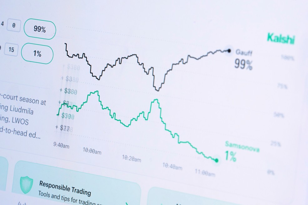 Página do mercado de previsões Kalshi — Foto: AP Photo/Jenny Kane