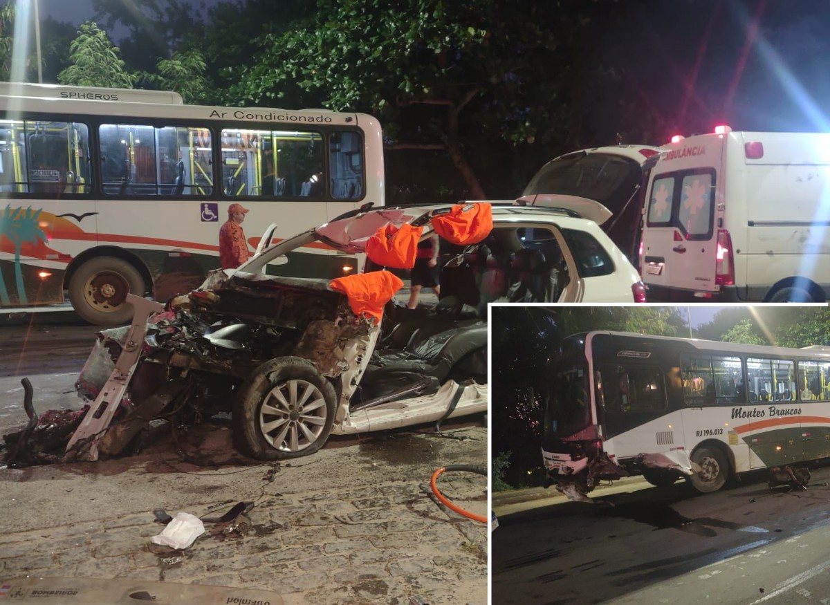 Batida frontal entre carro e ônibus deixa motorista gravemen