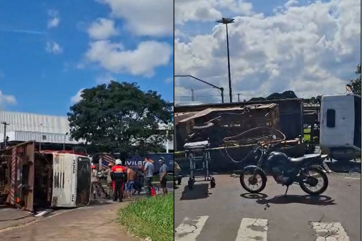 Caminhão guincho tomba em rotatória e causa congestionamento em Campo Grande; veja vídeo