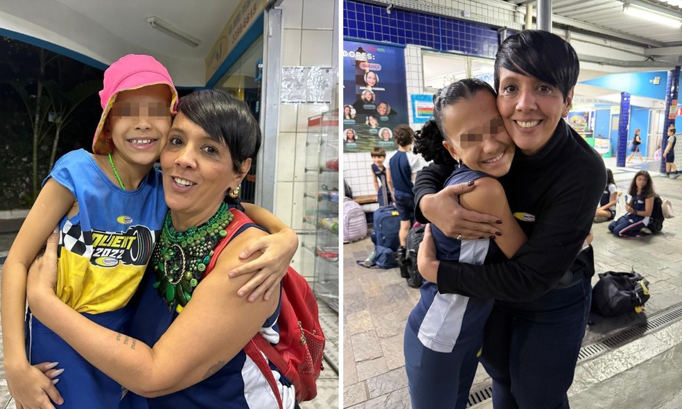 Maria Eduarda Miranda com sua professora antes e depois do resultado do tratamento para alopecia areata — Foto: Arquivo pessoal