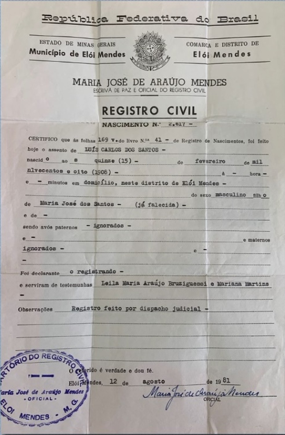 Certidão de nascimento do idoso morador de asilo no Sul de Minas que pode ser o homem mais velho do mundo com 116 anos — Foto: Reprodução/EPTV