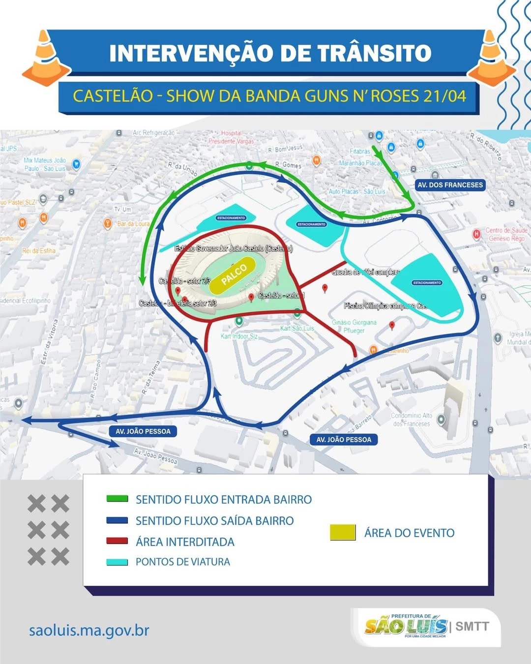 Trânsito no entorno do Castelão será alterado para show do Guns N' Roses em São Luís; veja alterações 