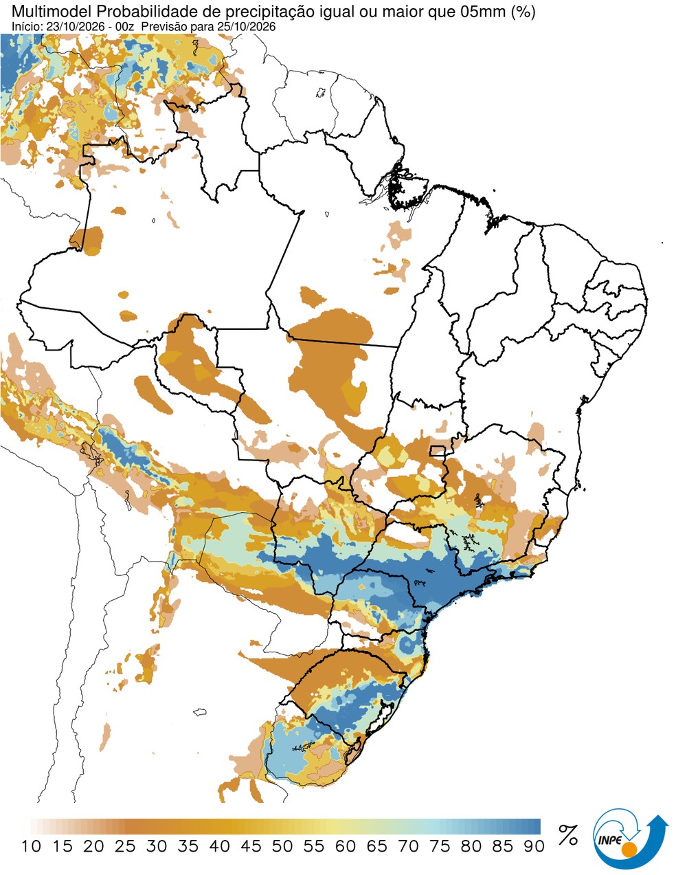 Mapa mostra previsão de chuva para este domingo de eleição (25/10) em todo o Brasil. — Foto: CPTEC/Inpe