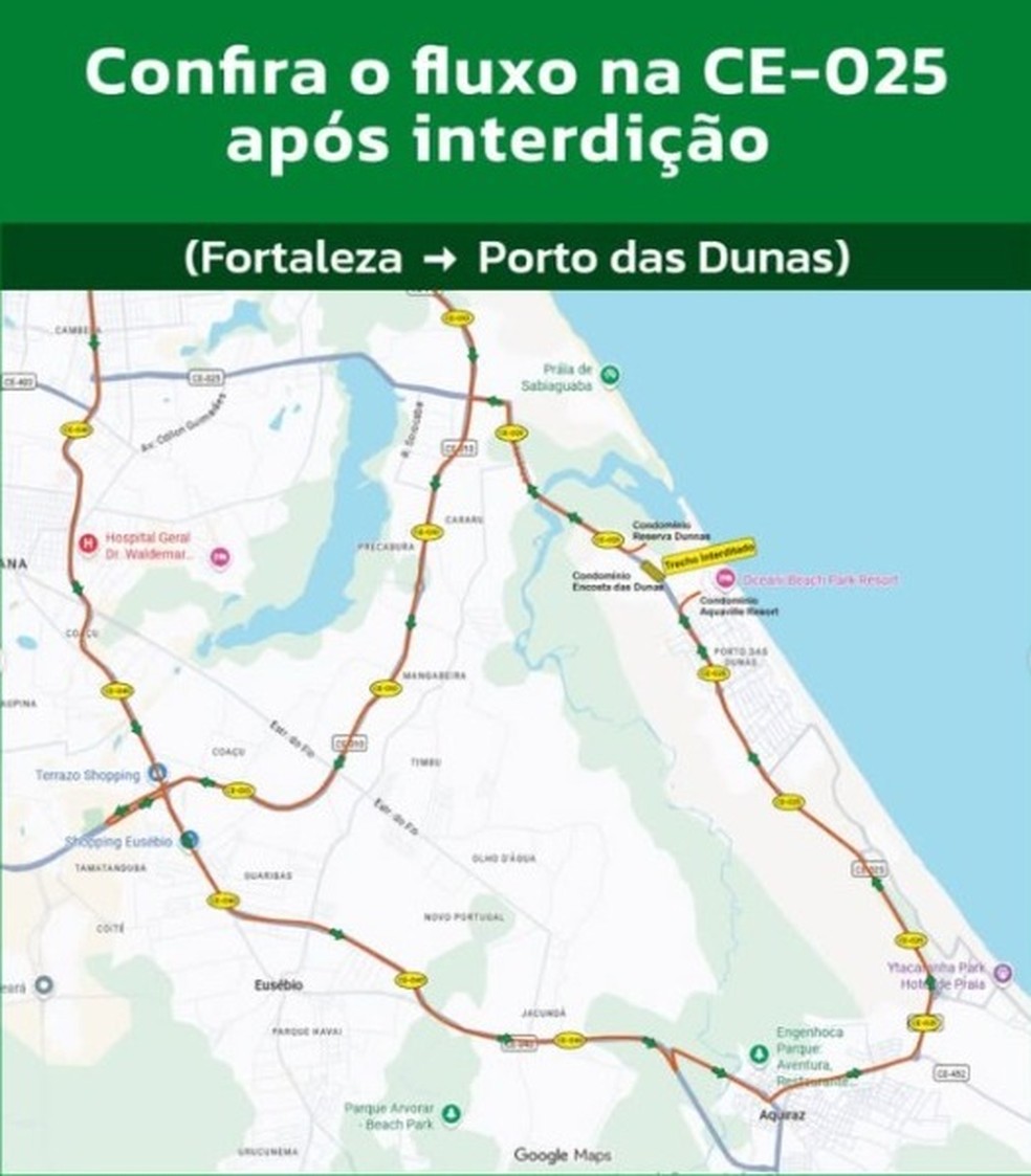 Rota para quem sai de Fortaleza rumo a Aquiraz — Foto: Divulgação/SOP