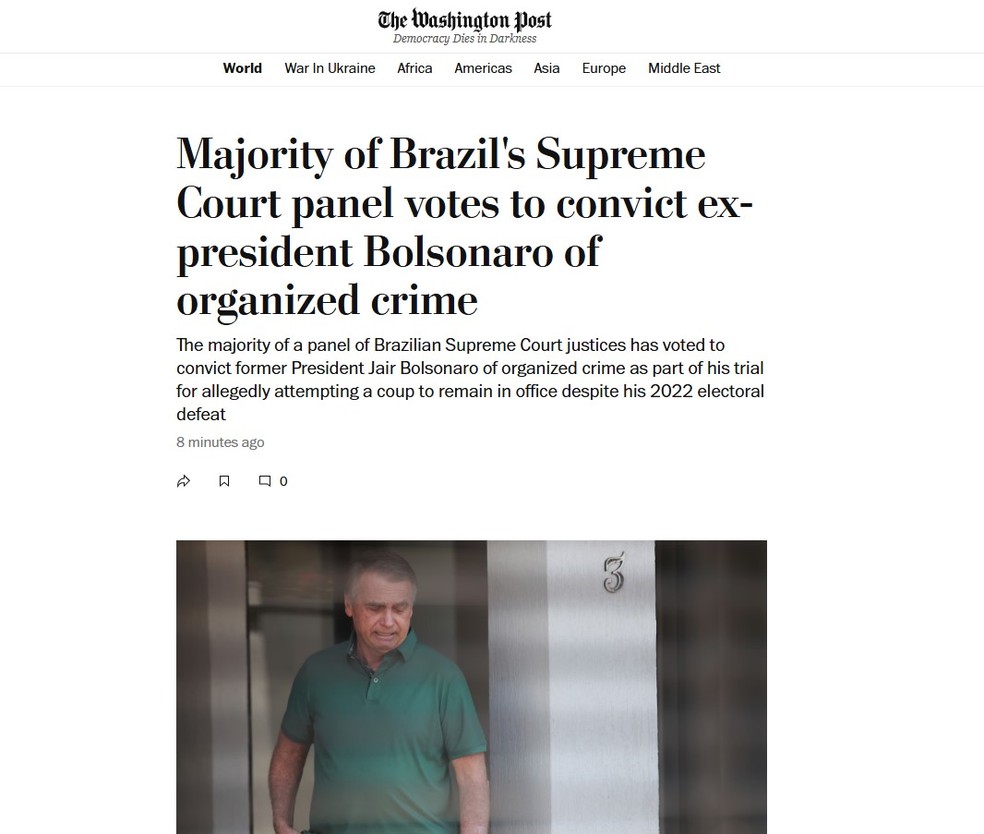 The Washignton Post repercute a formação de maioria no STF para condenação de Bolsonaro. — Foto: Reprodução/The Washington Post