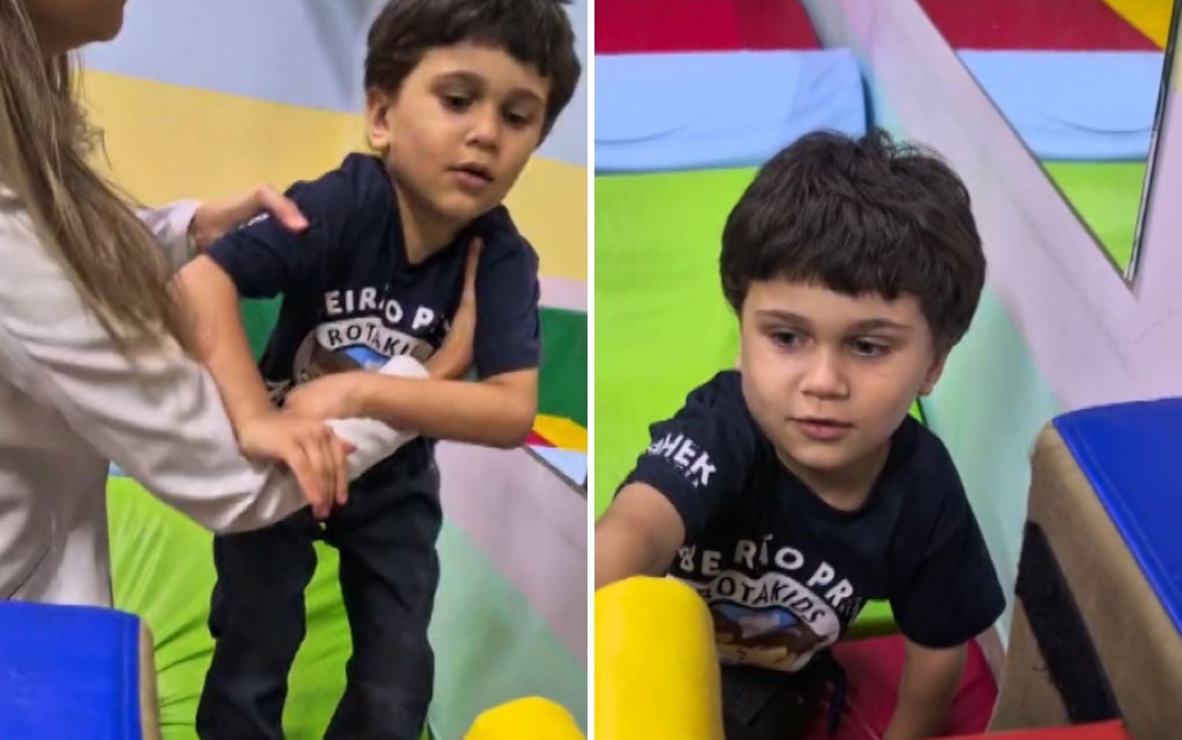 Menino que sobreviveu a queda do 10º andar tira gesso das pernas e dá primeiros passos com ajuda de fisioterapeutas