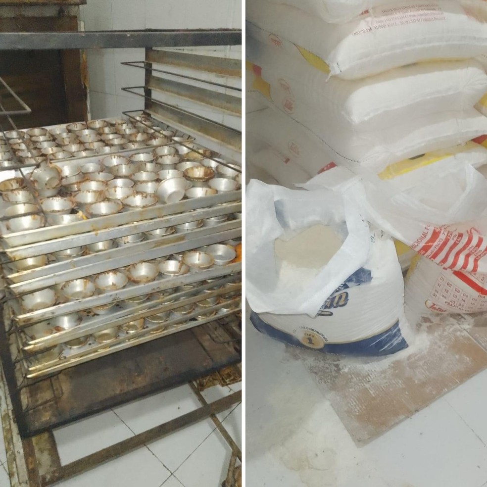 Máquinas enferrujadas, utensílios sujos e sacos de farinha abertos no chão — Foto: Visa