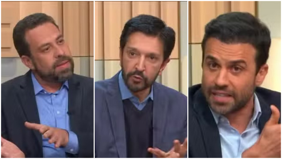 Guilhermes Boulos (PSOL), Ricardo Nunes (MDB) e Pablo Marçal (PRTB) — Foto: GloboNews
