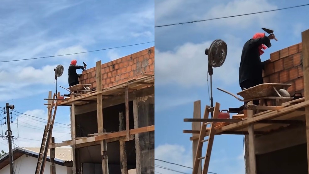 Pedreiro em cima de andaime com ventilador — Foto: Reprodução