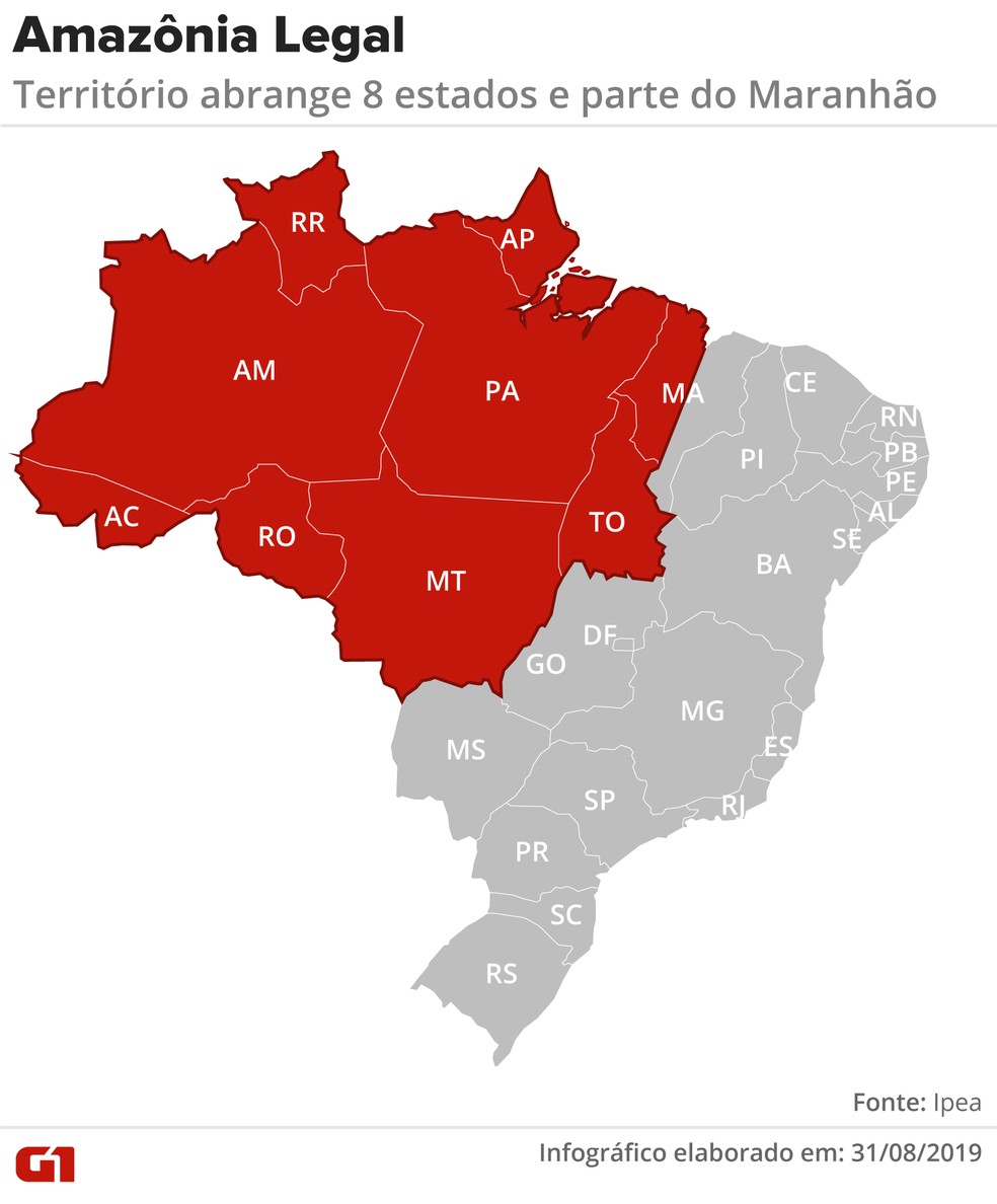 Infográfico mostra perímetro da Amazônia Legal, composta de 8 estados e parte do Maranhão — Foto: Guilherme Luiz/G1