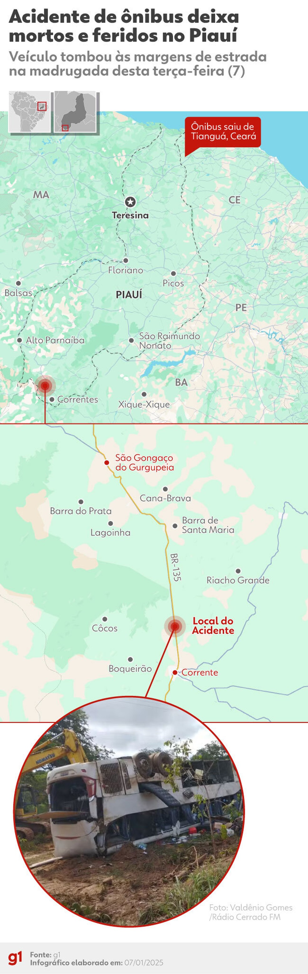 Sete pessoas morrem e 15 ficam feridas após ônibus tombar no Piauí — Foto: g1