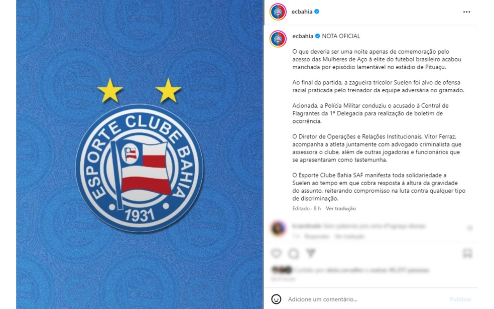 Esporte Clube Bahia SAF se posicionou sobre o caso nas redes sociais — Foto: Redes sociais