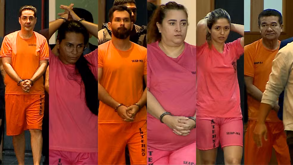 Da esquerda para a direita - Eust&aacute;quio Diego Fabiano Campos (m&eacute;dico); Gerusa de F&aacute;tima Nogueira Lopes (chefe do Setor de Compras); Wandson Jonath Barros (contador); Clementina de Jesus Pinheiro Oliveira (pregoeira do Munic&iacute;pio); Jana&iacute;na Soares Lima (ex-vice-prefeita) e Marlon de Jesus Arouche Serr&atilde;o (marido da ex-vice-prefeita). &mdash; Foto: Reprodu&ccedil;&atilde;o/TV Mirante