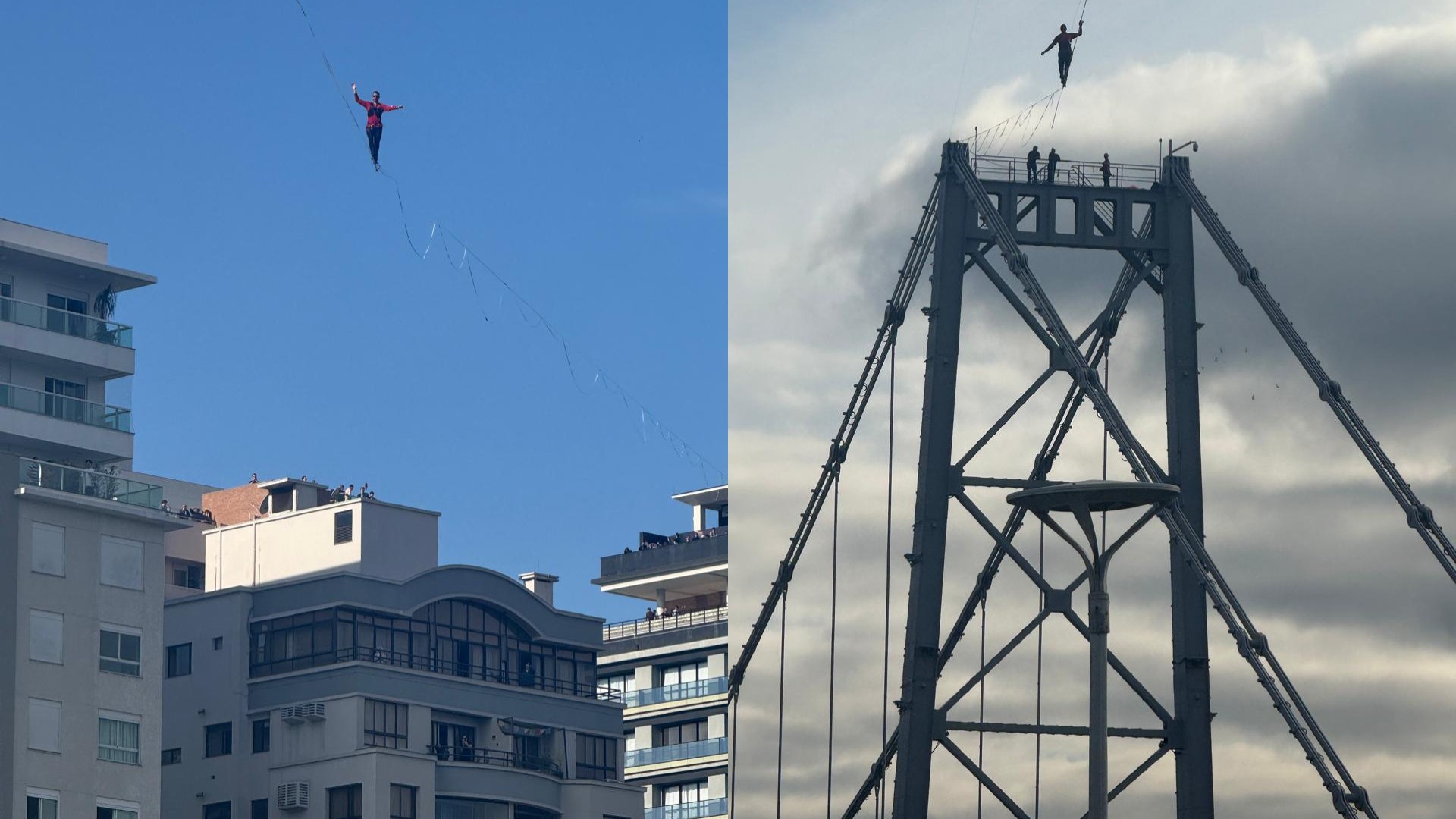 Atleta completa caminhada a 85 metros de altura até torre da Ponte Hercílio Luz em highline urbano; VÍDEO