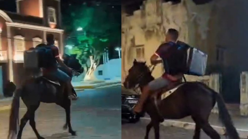 Cavalo foi utilizado para entregar pizza em Aracati, no interior do Ceará — Foto: Reprodução