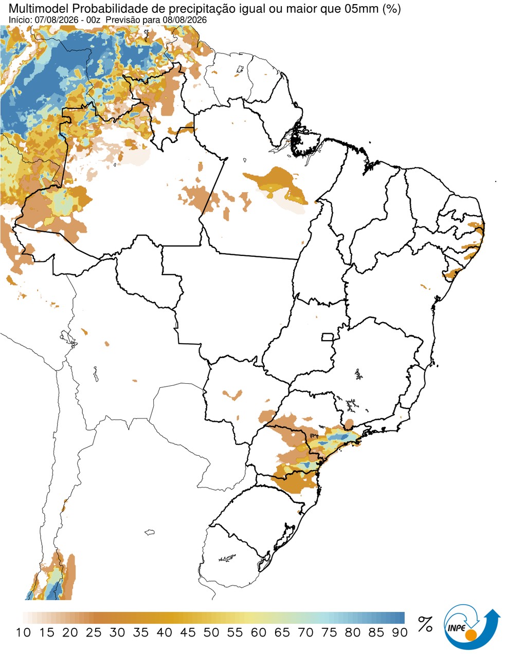 Previsão de chuva neste sábado em todo o país. — Foto: CPTEC/Inpe
