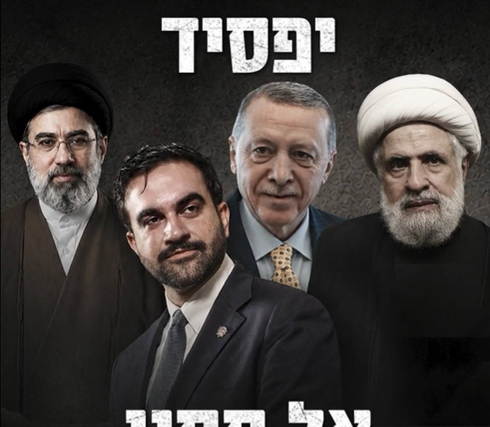 Propaganda política do governo Netanyahu mostra autoridades tidas como inimigas de Israel, sendo (da esquerda para a direita) Mojtaba Khamenei, líder supremo do Irã, Zohran Mamdani, prefeito de Nova York, Recep Erdogan, presidente da Turquia, e Naim Qassem, chefe do Hezbollah. — Foto: Reprodução/Benjamin Netanyahu no X